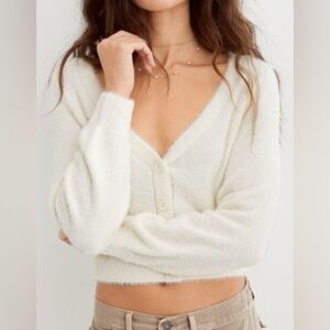 Aerie White Cropped Fuzzy Cardigan NEW